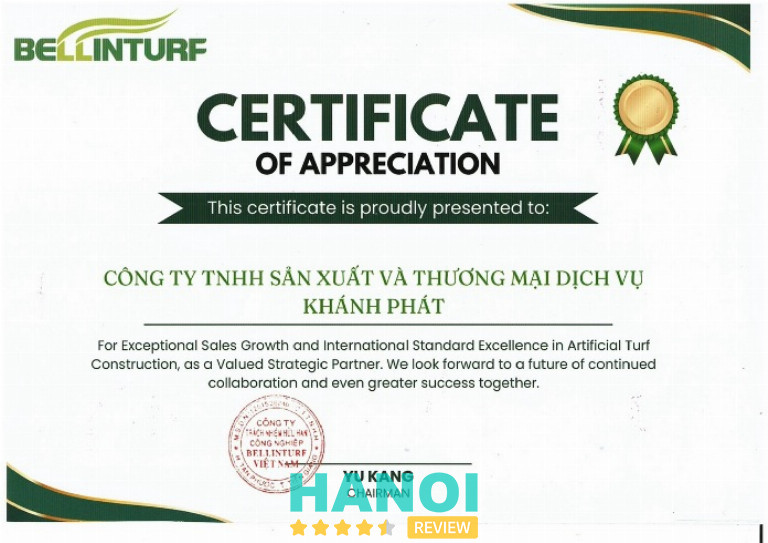 Chứng nhận từ đối tác Bellinturf cho hạng mục cỏ nhân tạo