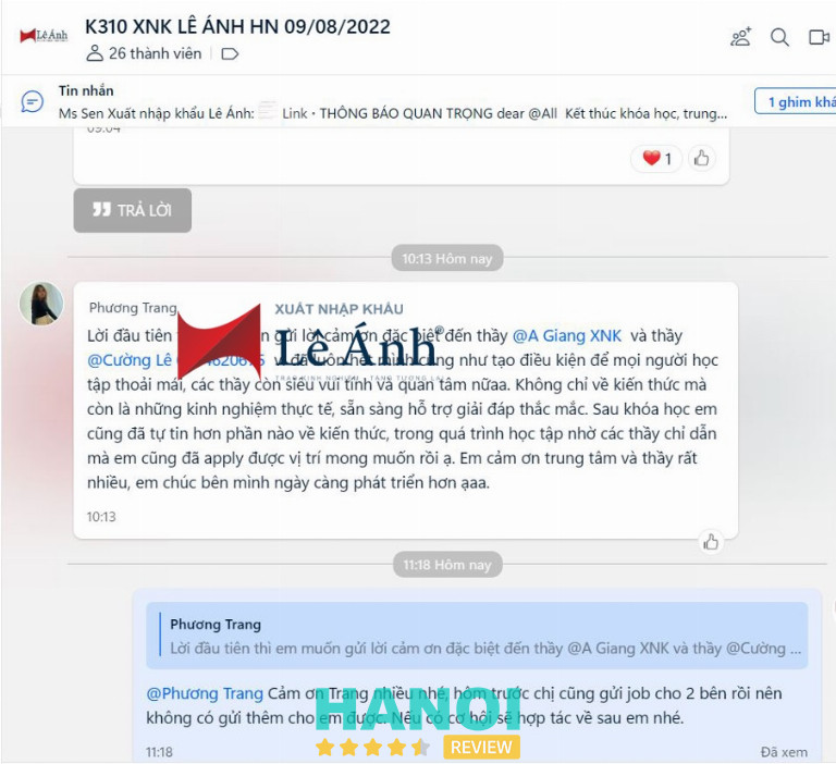 Phản hồi học viên tại Xuất nhập khẩu Lê Ánh