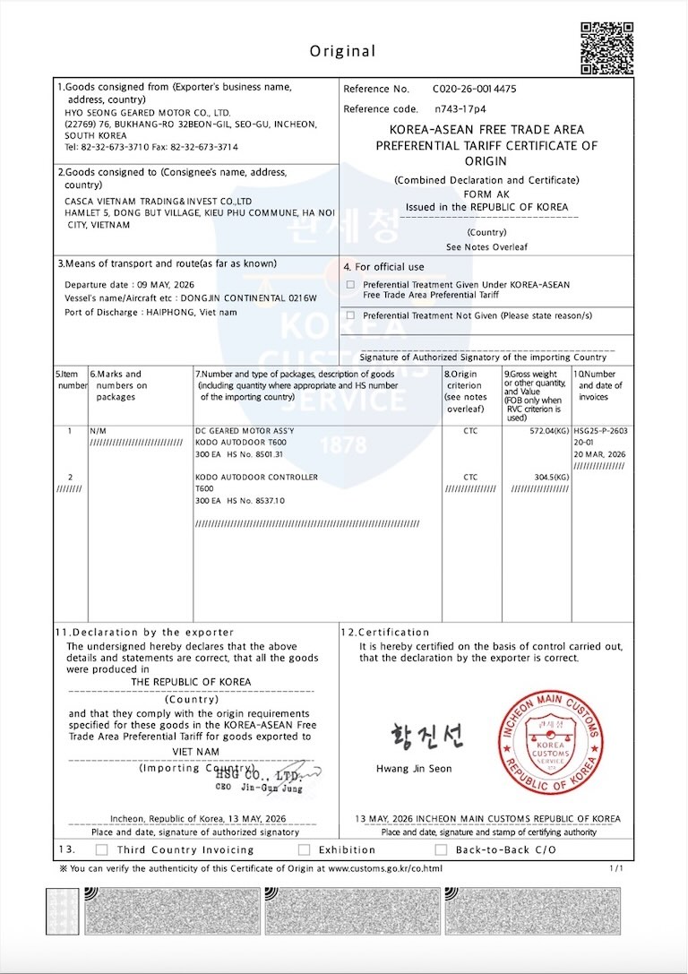 Chứng nhận xuất xứ (Certificate of Origin - C/O Form AK)